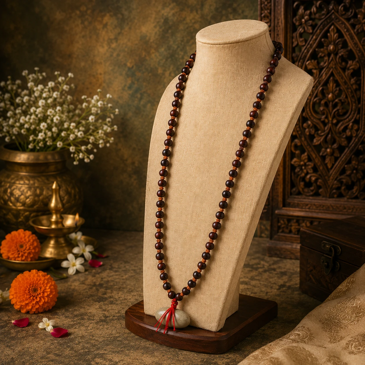 Angled display of beaded necklace showing round dark brown beads and pendant on wooden base stand