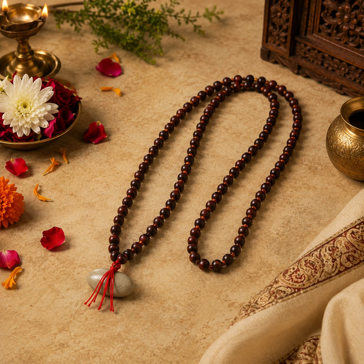 Necklace laid flat on surface highlighting the full strand, bead spacing and red tassel pendant