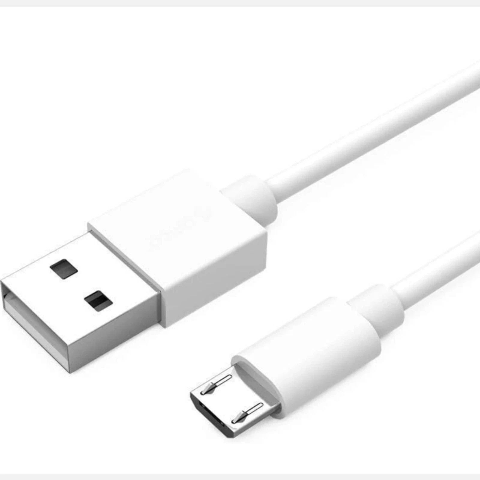 Close-up of white USB-A and Micro USB connectors on a short charging cable