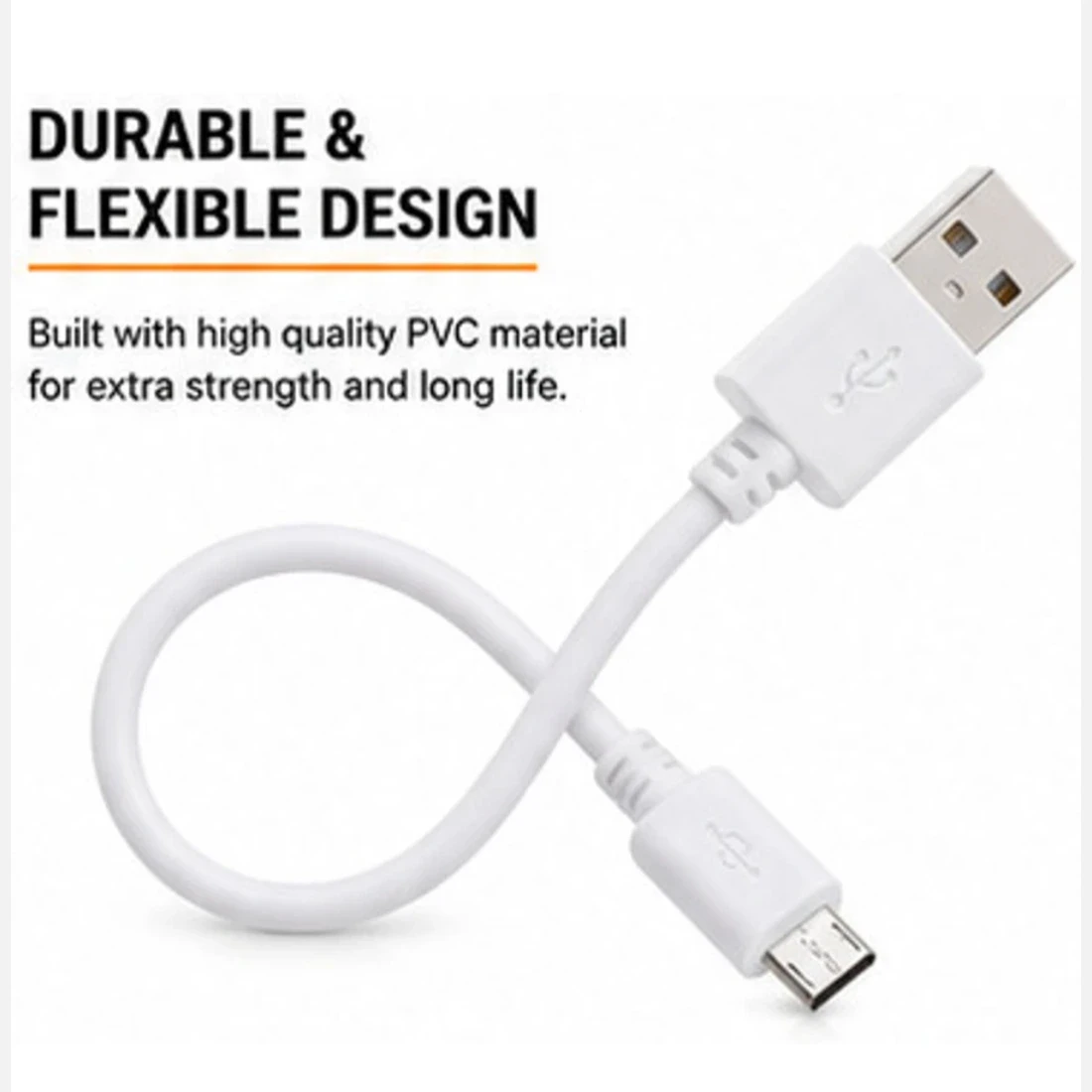 Looped white cable with USB-A and Micro USB ends beside durability text
