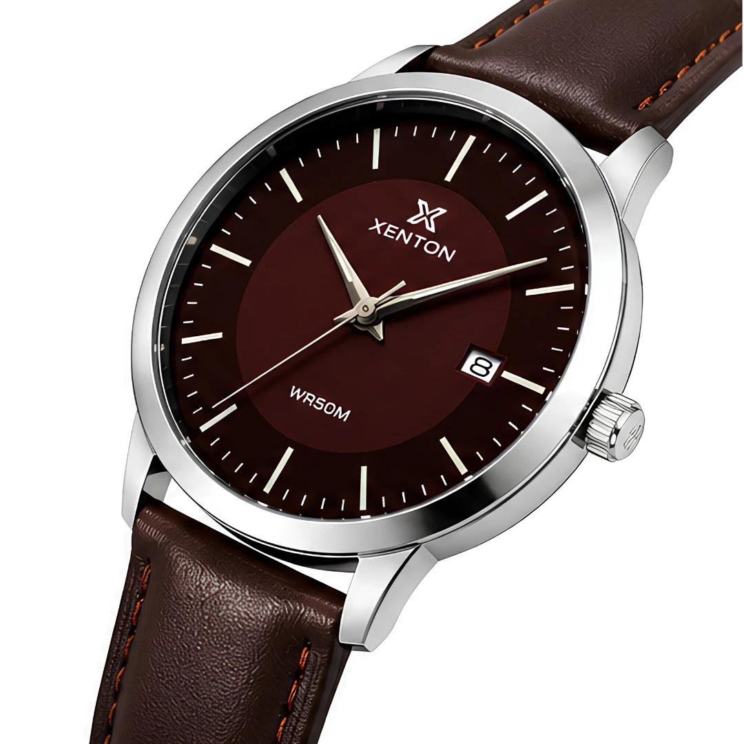 Xenton Men's Brown Leather Strap Analog Wrist Watch with Date Display product image 2