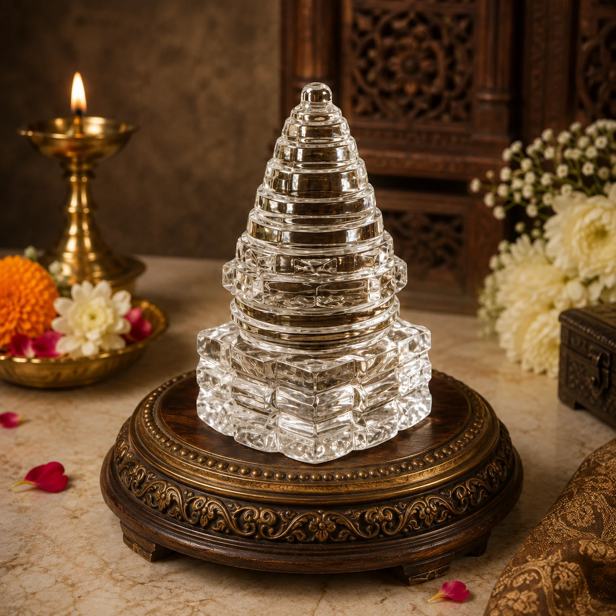Front view of the transparent tiered Yantra placed on an ornate round wooden pedestal