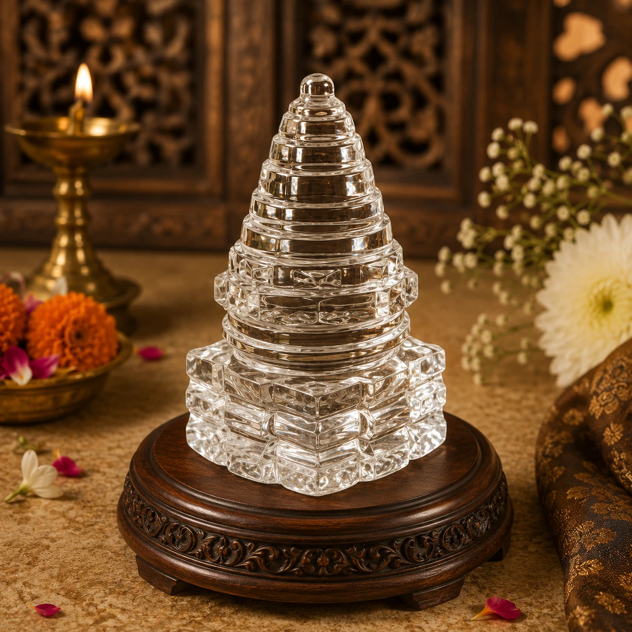 Crystal sacred geometry idol displayed on a carved dark wooden stand in a festive setting