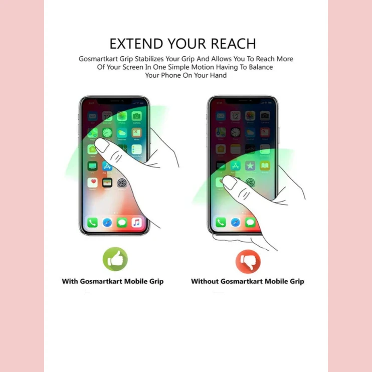 Infographic comparing thumb reach with and without the mobile grip on a smartphone screen