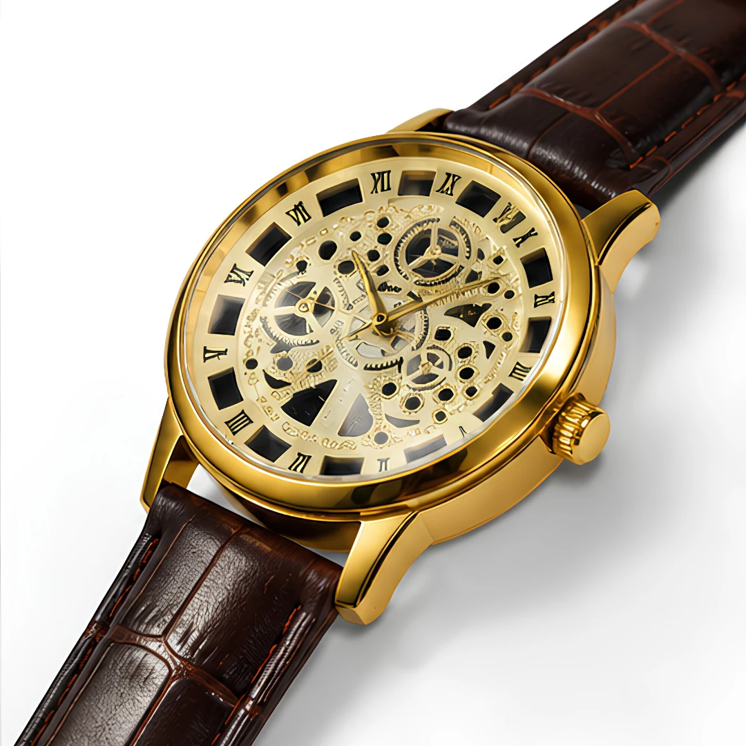 Xenton Men's Gold Skeleton Dial Analog Wrist Watch with Brown Leather Strap product image 2