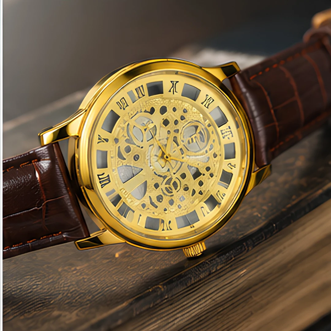 Xenton Men's Gold Skeleton Dial Analog Wrist Watch with Brown Leather Strap product image 3