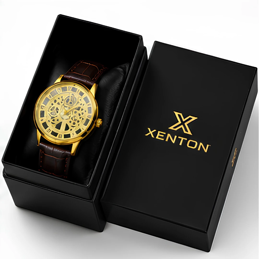 Xenton Men's Gold Skeleton Dial Analog Wrist Watch with Brown Leather Strap product image 4