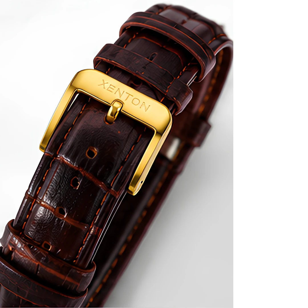 Xenton Men's Gold Skeleton Dial Analog Wrist Watch with Brown Leather Strap product image 5