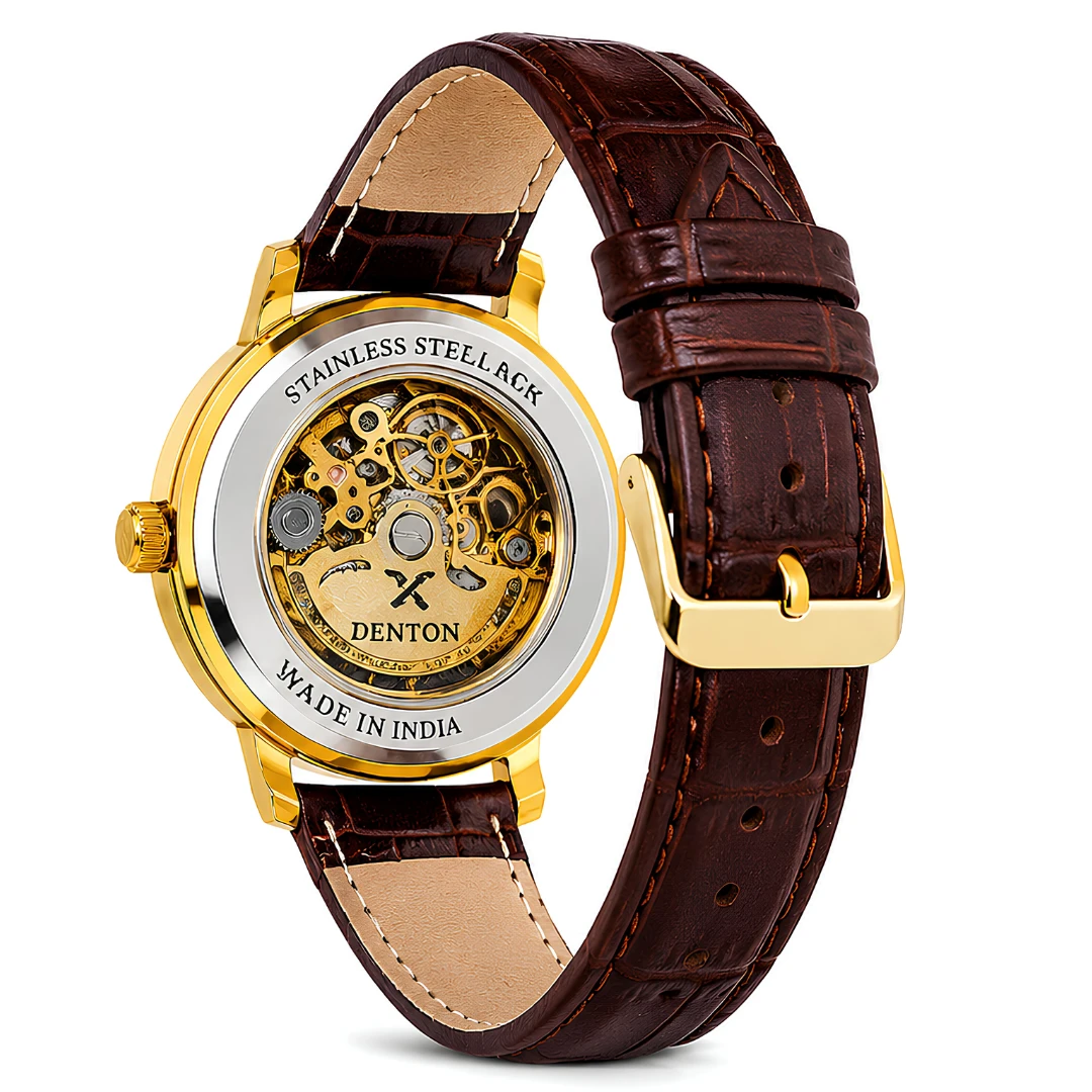Xenton Men's Gold Skeleton Dial Analog Wrist Watch with Brown Leather Strap product image 6