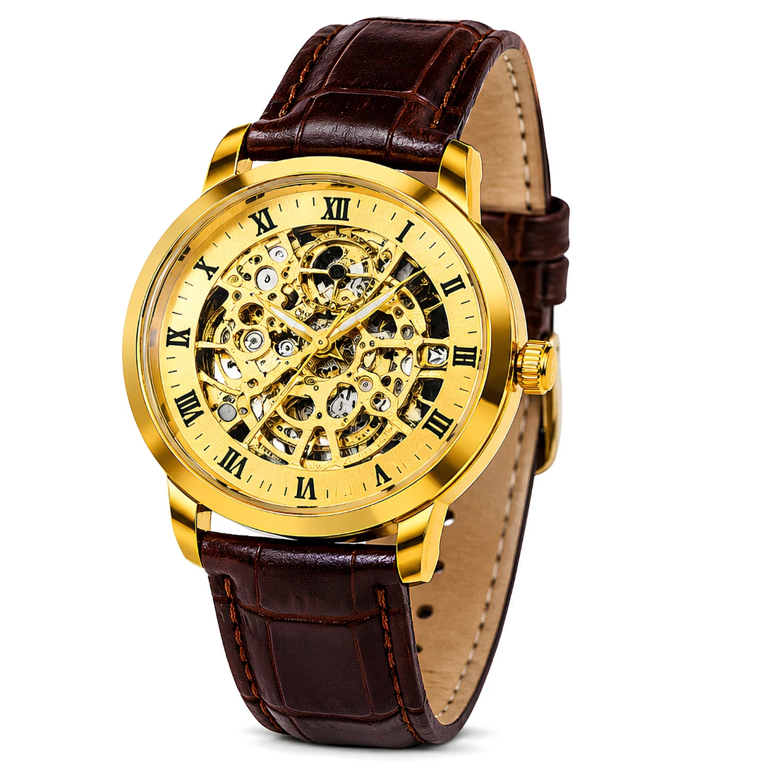 Xenton Men's Gold Skeleton Dial Analog Wrist Watch with Brown Leather Strap product image 7