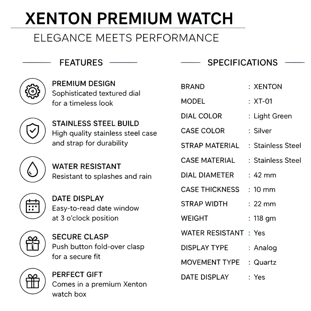 Xenton Men's Silver Metal Bracelet Analog Wrist Watch with Date Display product image 8