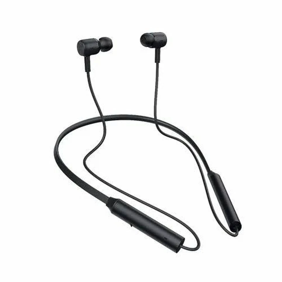Black neckband earphones with in-ear buds and dual inline modules shown laid flat