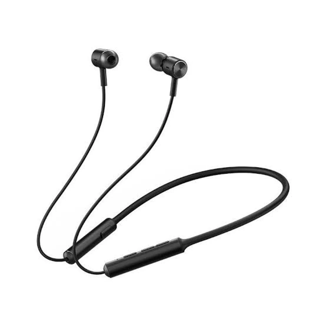Angled view of black wireless neckband earbuds highlighting earpiece shape and control module