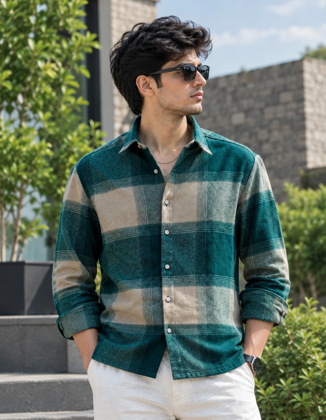 Front view of green and beige large-check shirt worn outdoors with sleeves rolled up