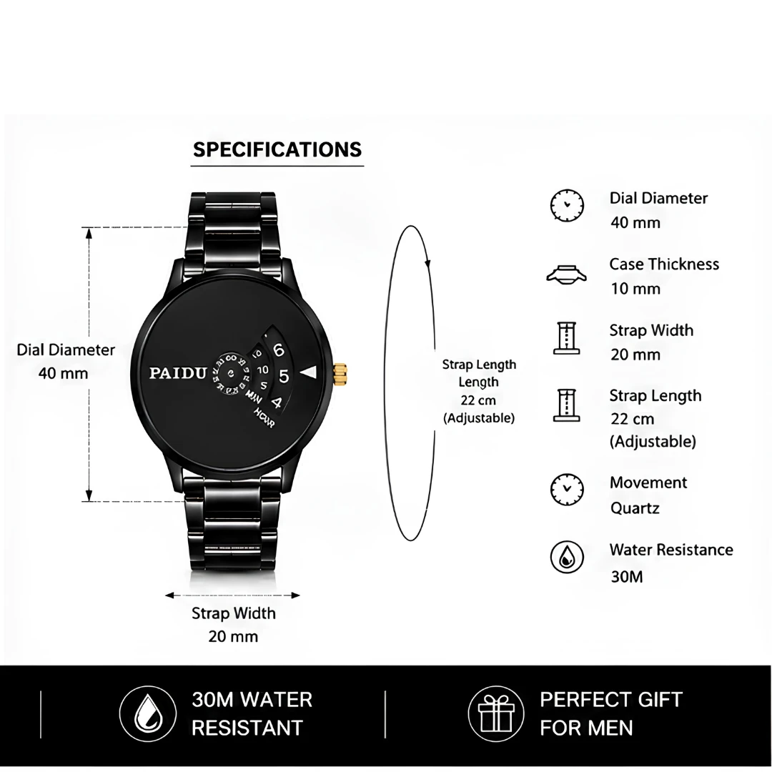 Men's Black Rotating Dial Analog Wrist Watch with Stainless Steel Strap product image 5