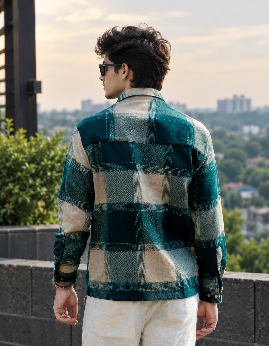 Back view of the checked shirt showing full rear pattern and long sleeves