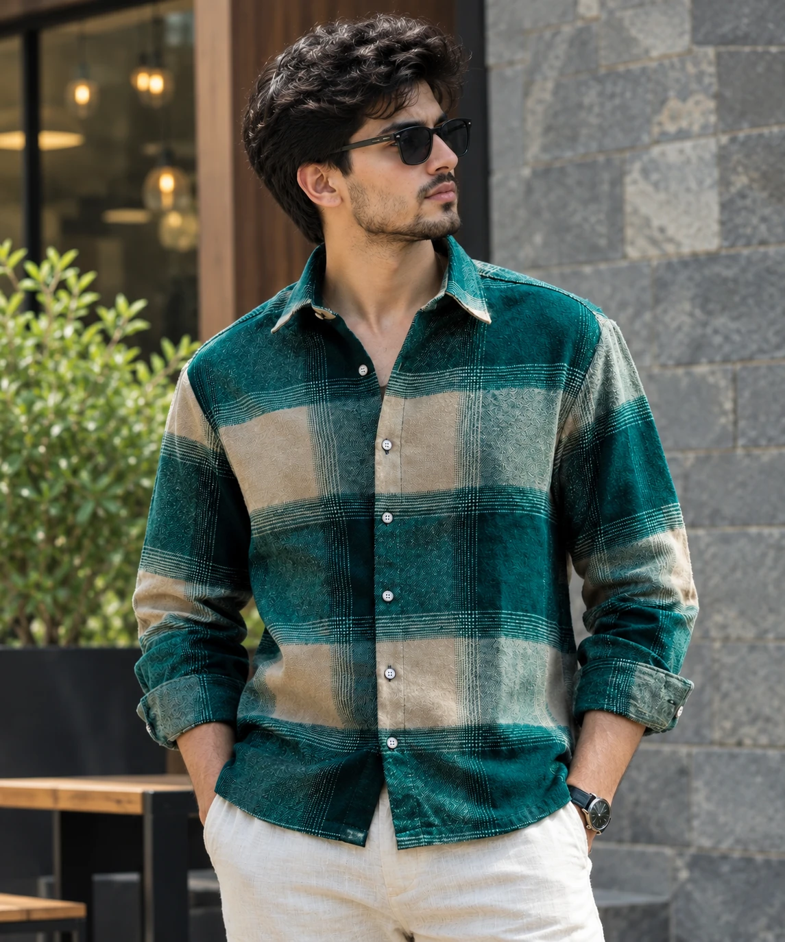 Three-quarter front pose highlighting rolled cuffs and relaxed fit of the plaid shirt