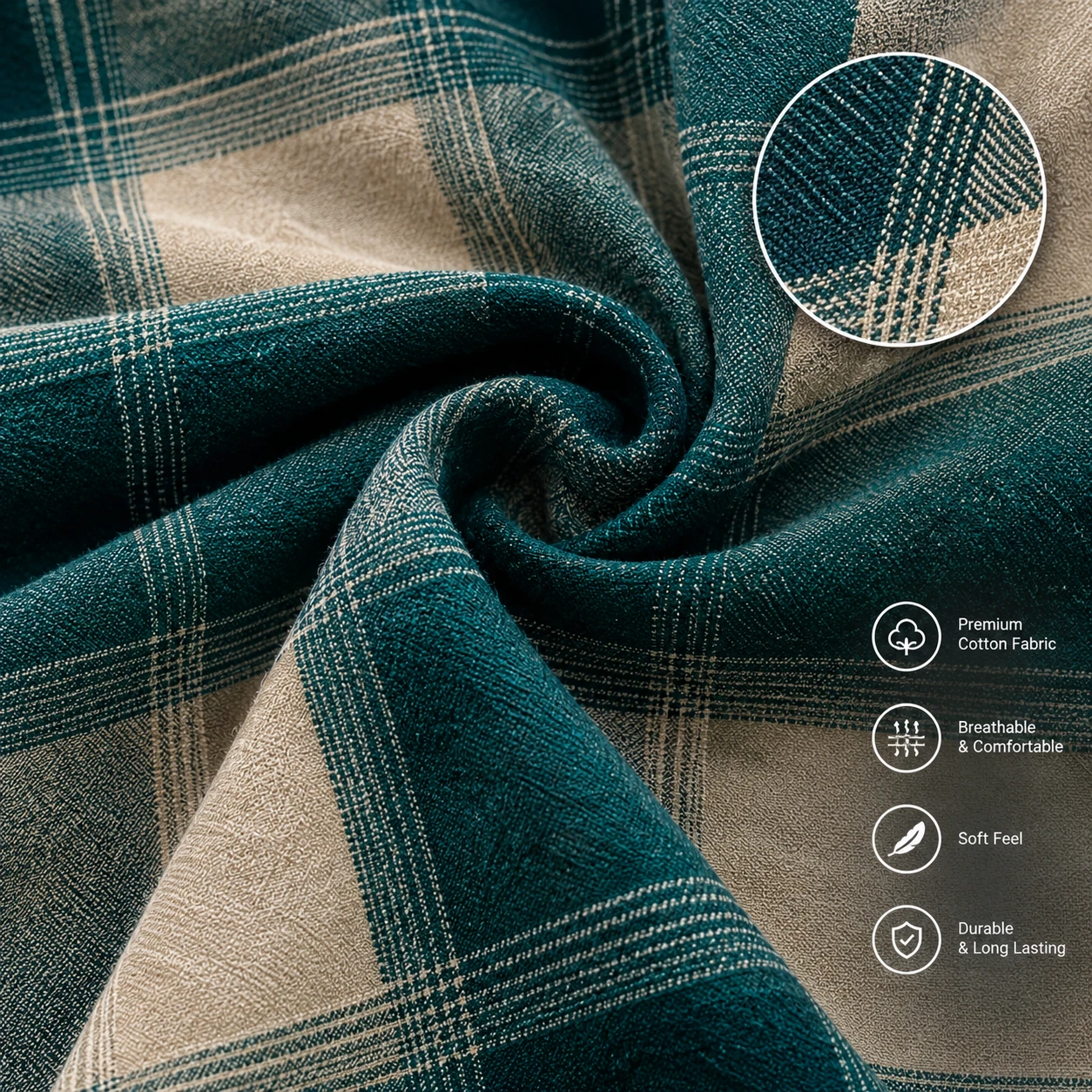 Close-up of green and beige checked fabric with texture and cotton feature icons