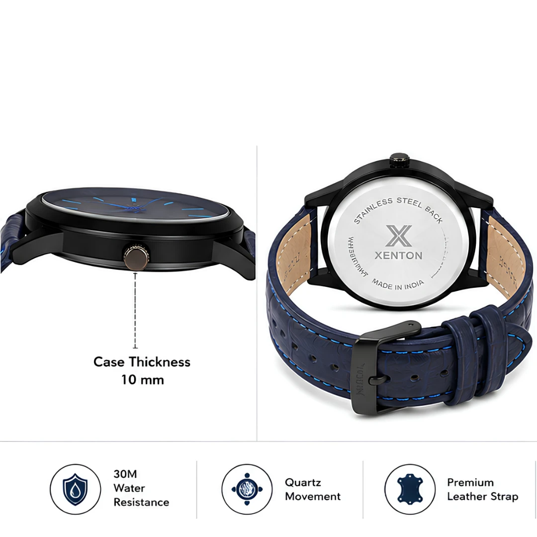 Xenton Men's Black Blue Analog Wrist Watch with Blue Leather Strap product image 4
