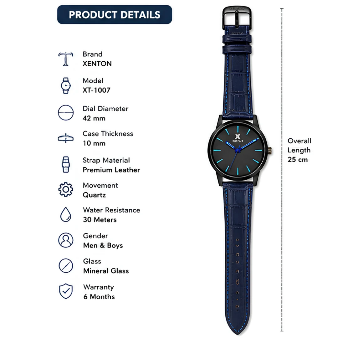 Xenton Men's Black Blue Analog Wrist Watch with Blue Leather Strap product image 6