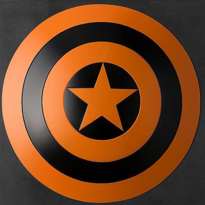 Front view of round orange  and black shield decor with concentric rings and a central star on black background