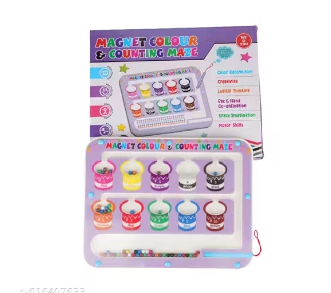 Pastel purple counting maze board with retail box behind it and blue magnetic wand beside bead track
