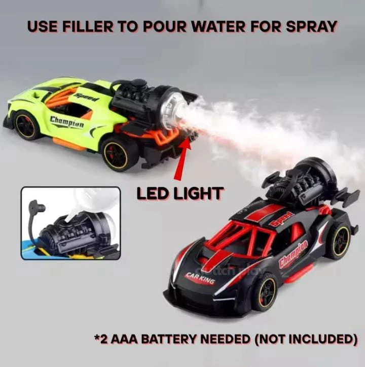 Toy sports car spray feature infographic with smoke jet, LED light callout, and top water filler inset