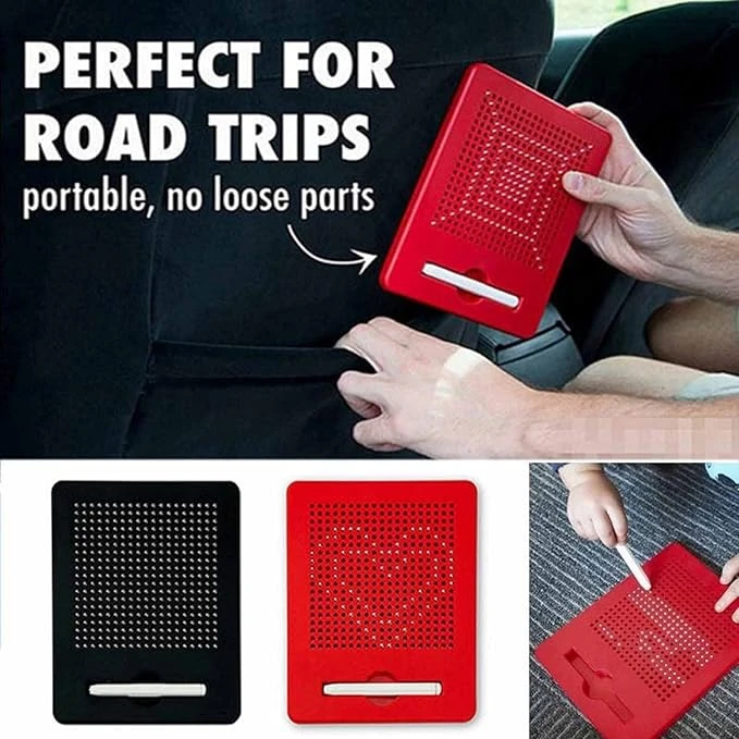 Collage showing the red magnetic board in a car seat pocket, plus black and red color options