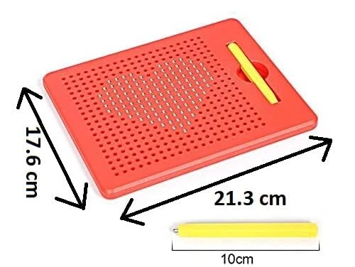 Red magnetic drawing board angled on white background with 21.3 by 17.6 cm size labels and 10 cm stylus