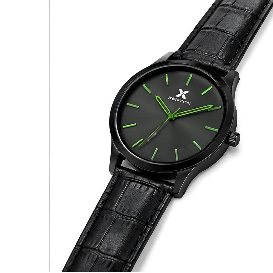 Angled view showing the slim black case, crown, and crocodile-textured black leather strap