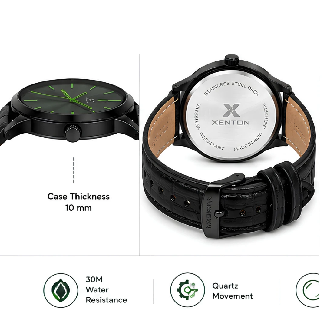 Side and back views with stainless steel back, buckle strap, and 10 mm case thickness graphic