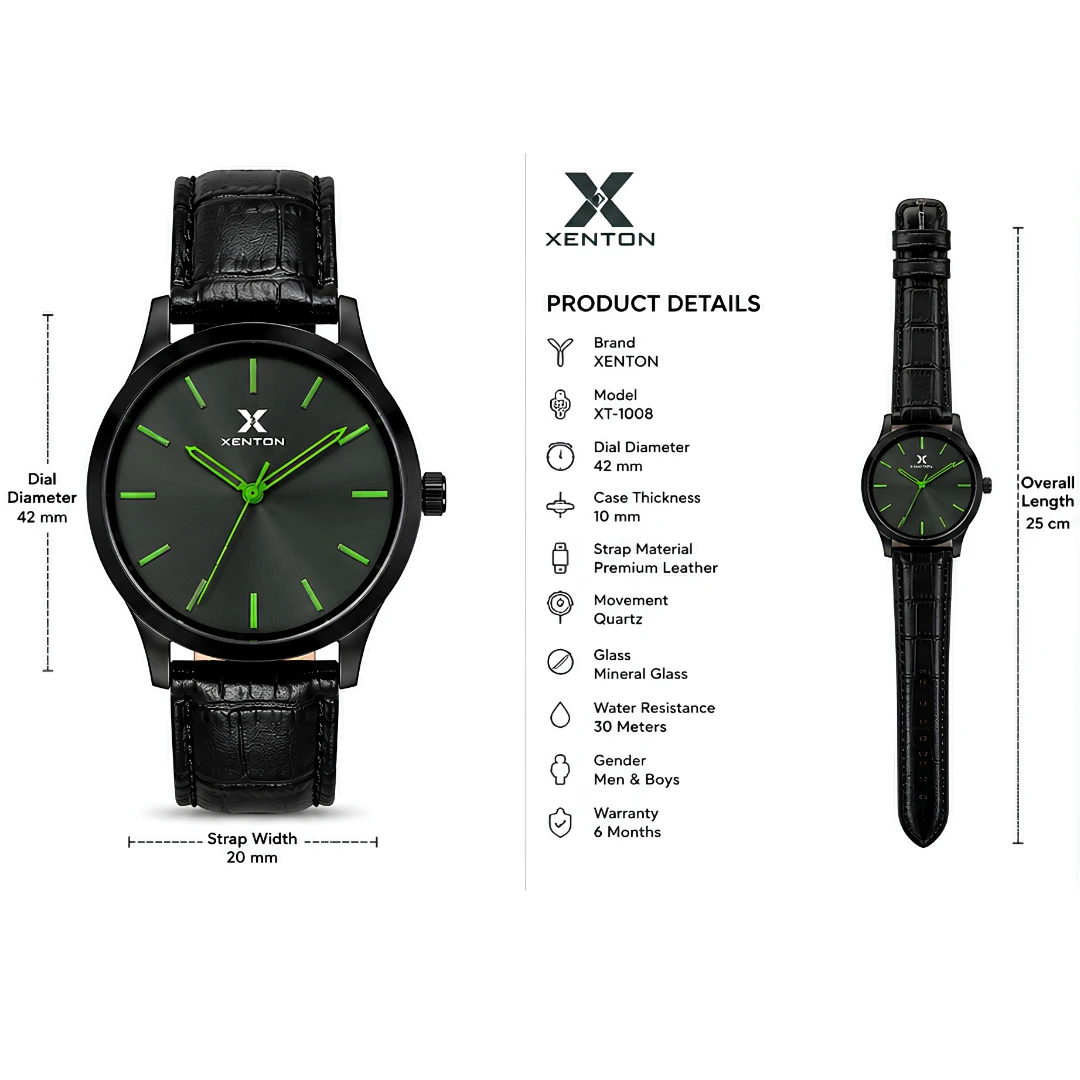 Product details graphic showing 42 mm dial, 20 mm strap width, 25 cm length and key specs