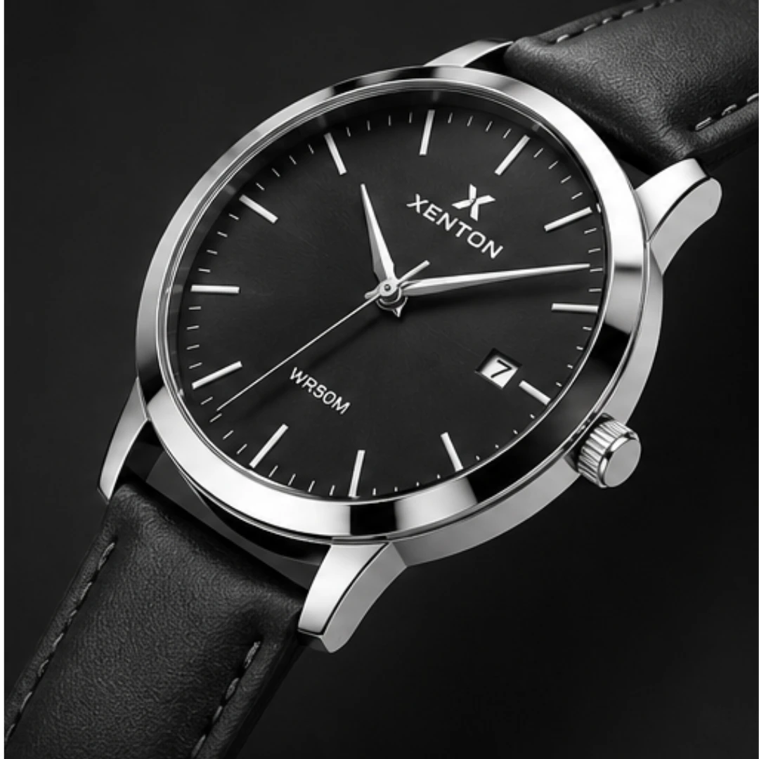 Angled close-up of the watch face showing polished bezel, crown and date display at 3 o'clock