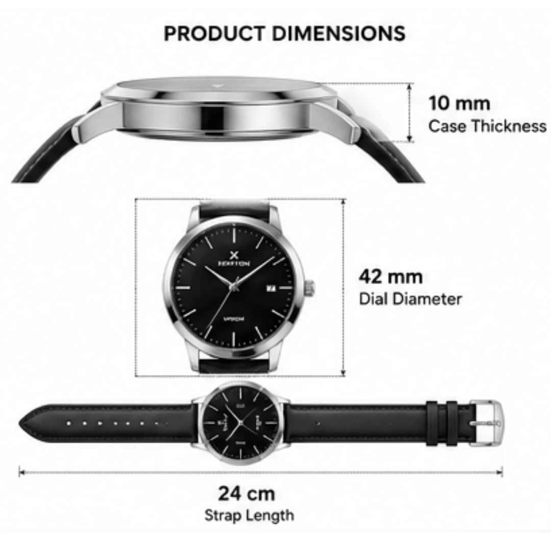 Dimension chart showing 42 mm dial, 10 mm case thickness and 24 cm strap length