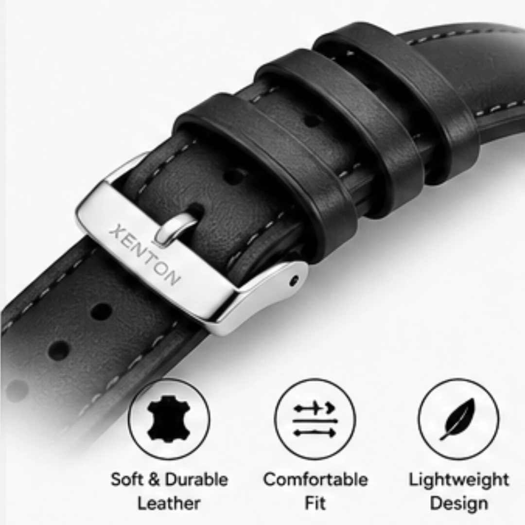 Close-up of engraved XENTON buckle on black leather strap with comfort feature icons