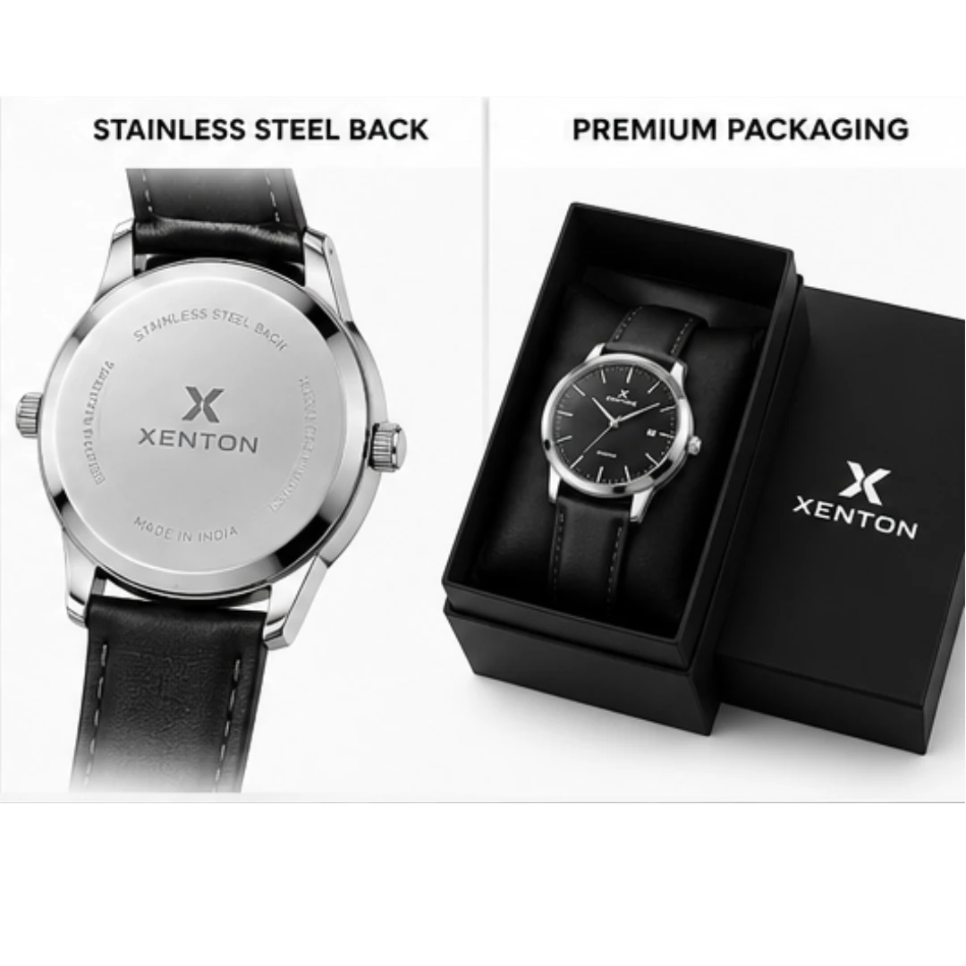 Back case view with stainless steel back beside the watch in branded premium gift box