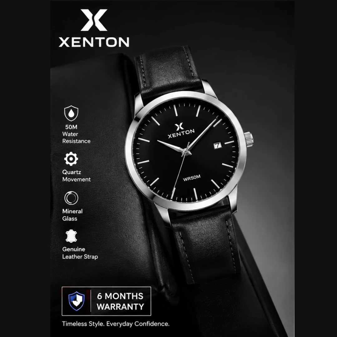 Feature graphic showing watch on dark background with 50M water resistance and quartz movement