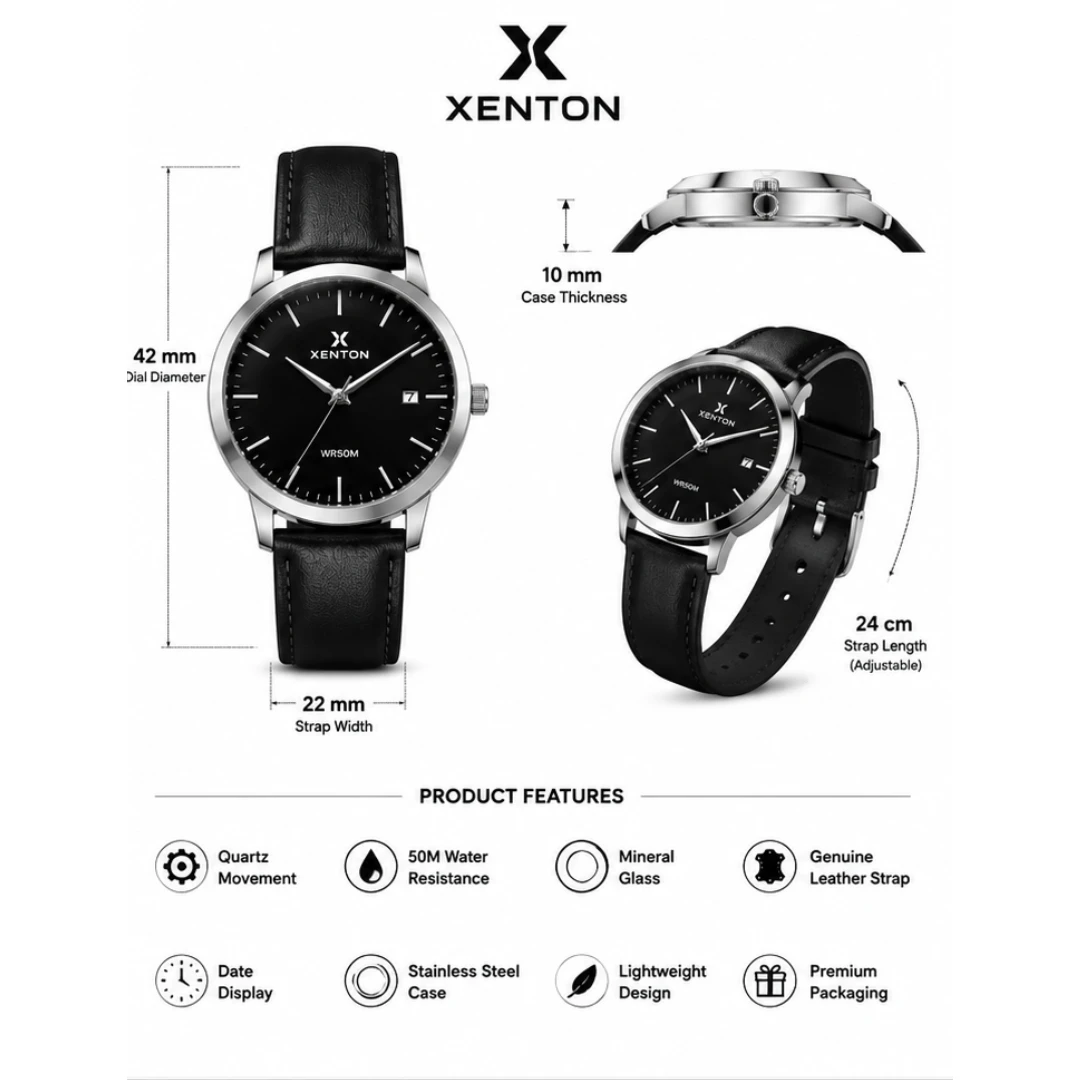 Specification layout with front, side and worn-style views plus strap width and feature icons