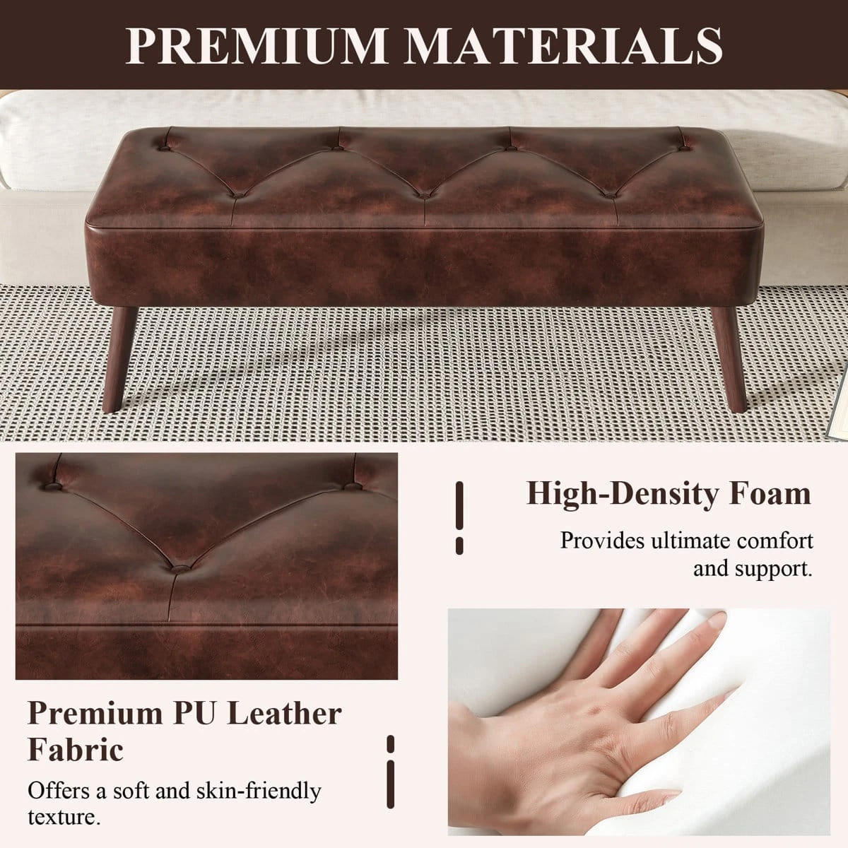 Infographic showing tufted brown bench, PU leather close-up, and high-density foam feature