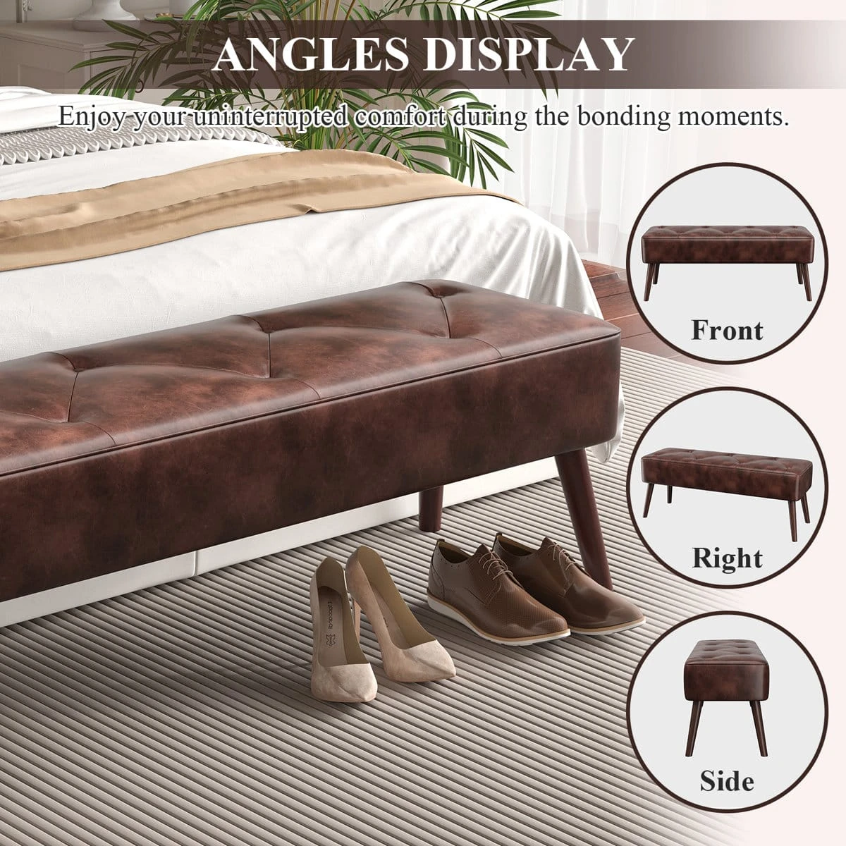 Bedroom lifestyle image with angle display insets showing front, right, and side views