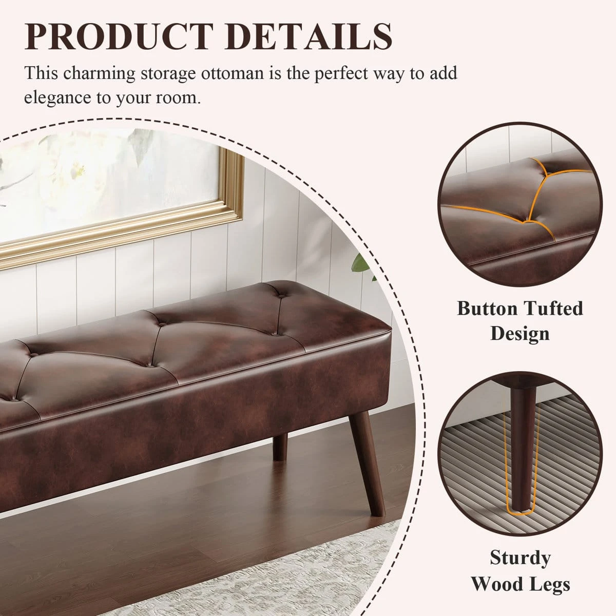 Product details graphic highlighting button-tufted seat and sturdy dark wooden legs