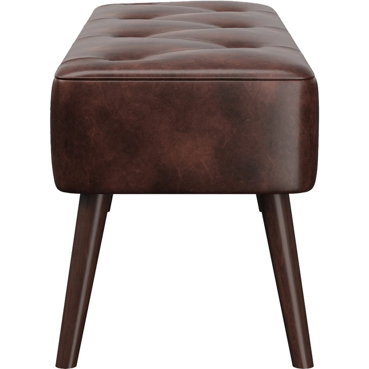 Straight end view of the brown upholstered bench showing tapered legs and rounded corners