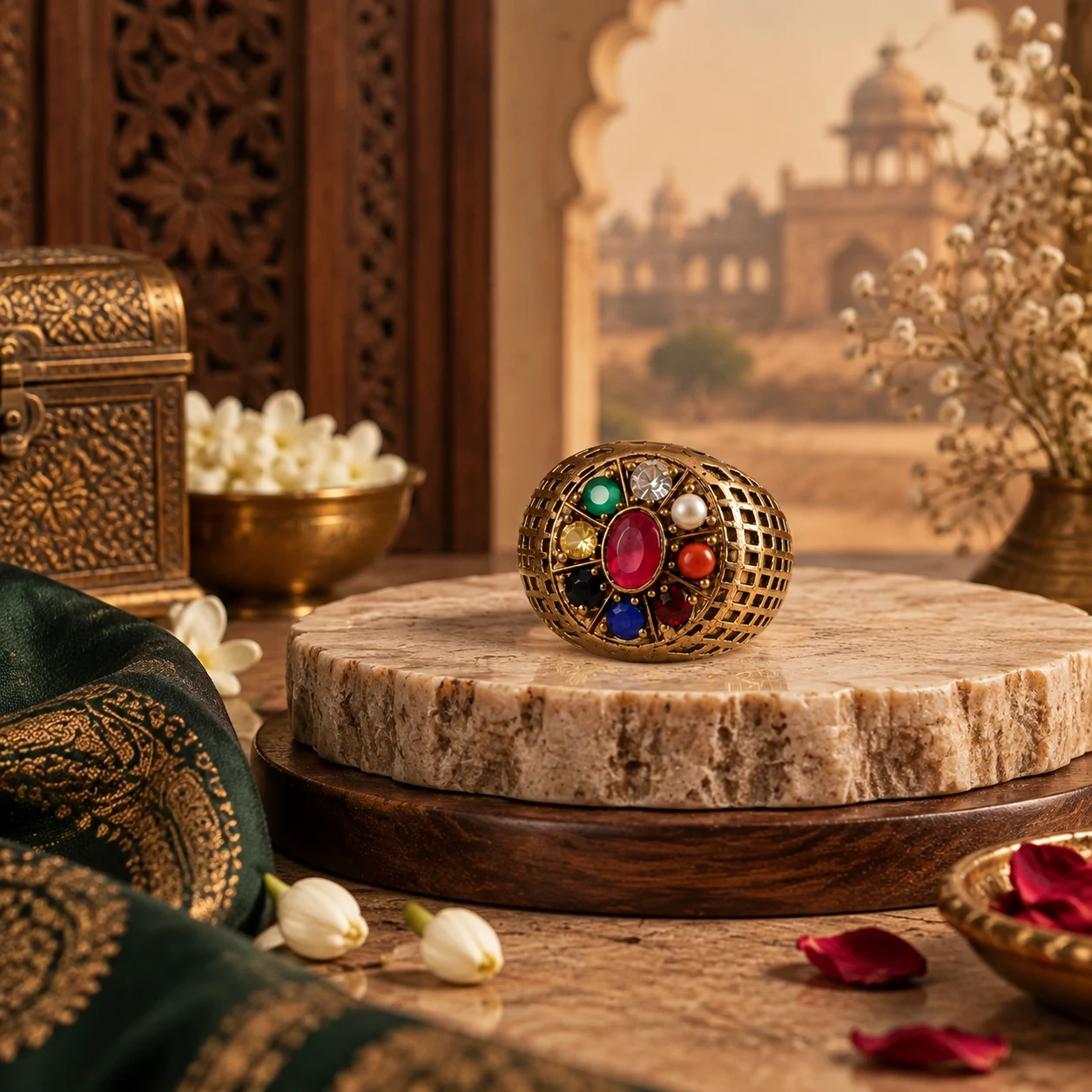 Front-facing view of ornate gold-tone statement ring with ruby-toned center and colourful stones