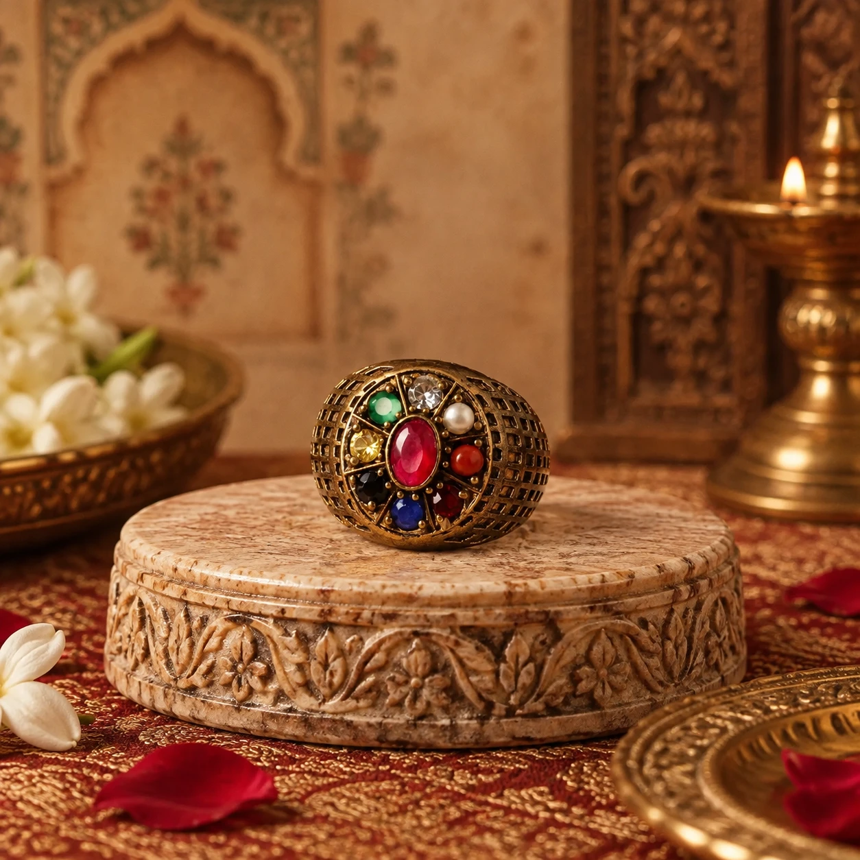 Centered close view showing domed ring face, lattice sides and multicolour gem accents