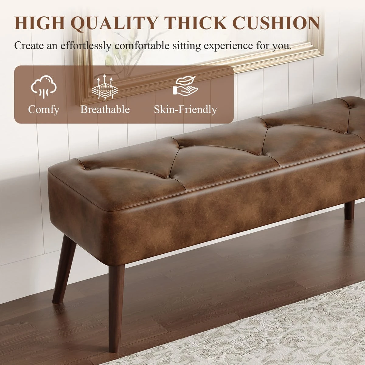 Feature graphic showing the bench with text for comfy, breathable, and skin-friendly thick cushion