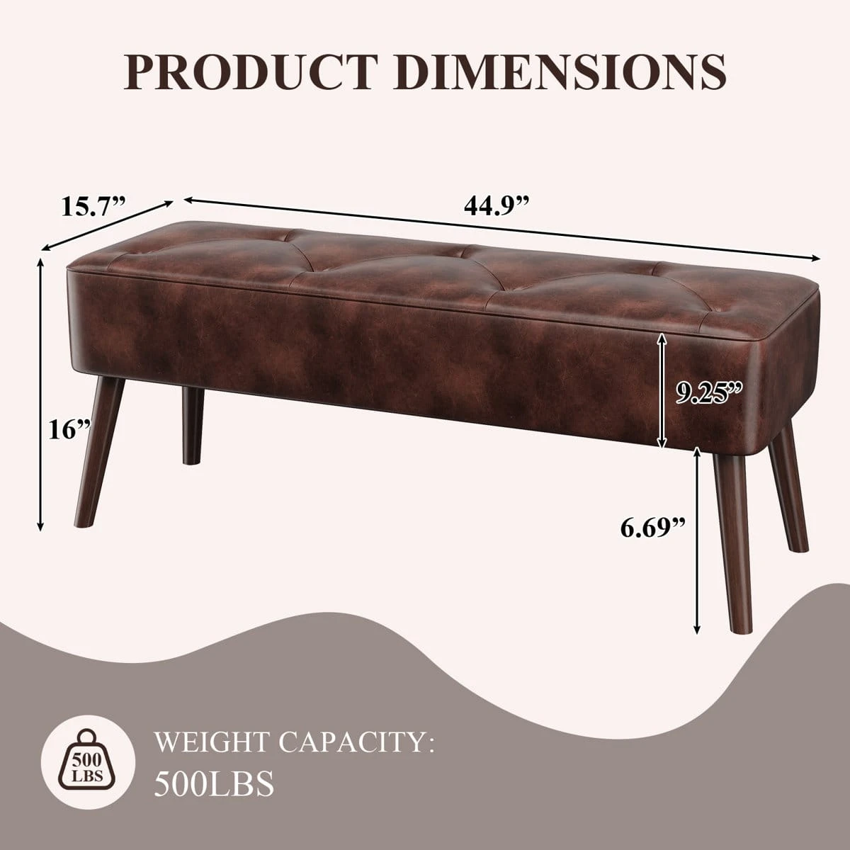 Dimension chart for the bench showing 44.9 x 15.7 x 16 inches and 500 lb weight capacity
