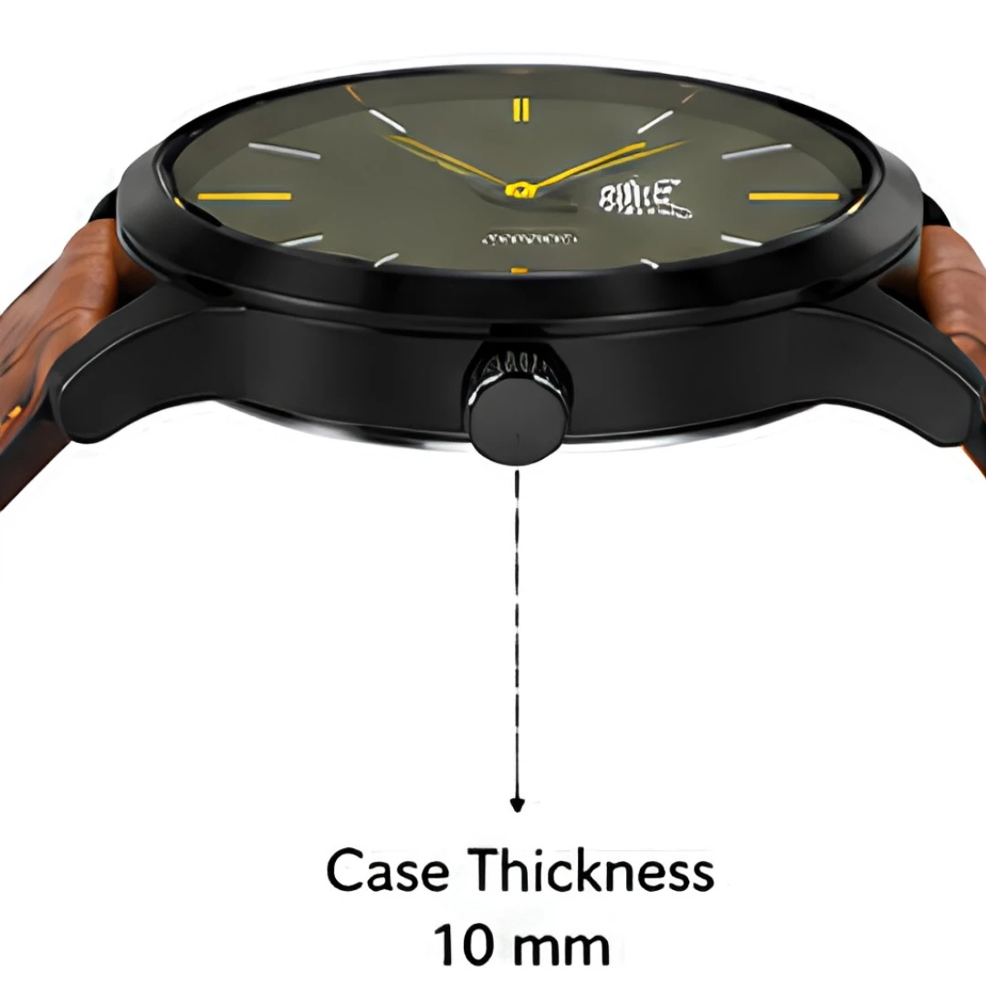 Side profile showing the crown and 10 mm case thickness of the black watch case