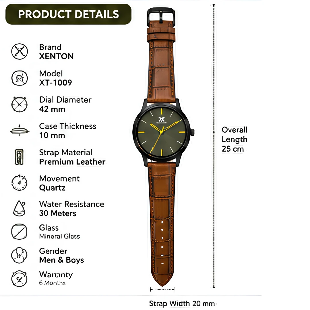 Product details layout with full watch length, 42 mm dial, 20 mm strap width and specs