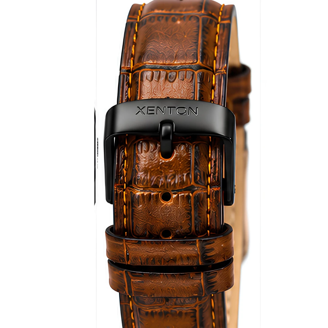 Rear strap close-up showing black Xenton buckle on brown textured leather band