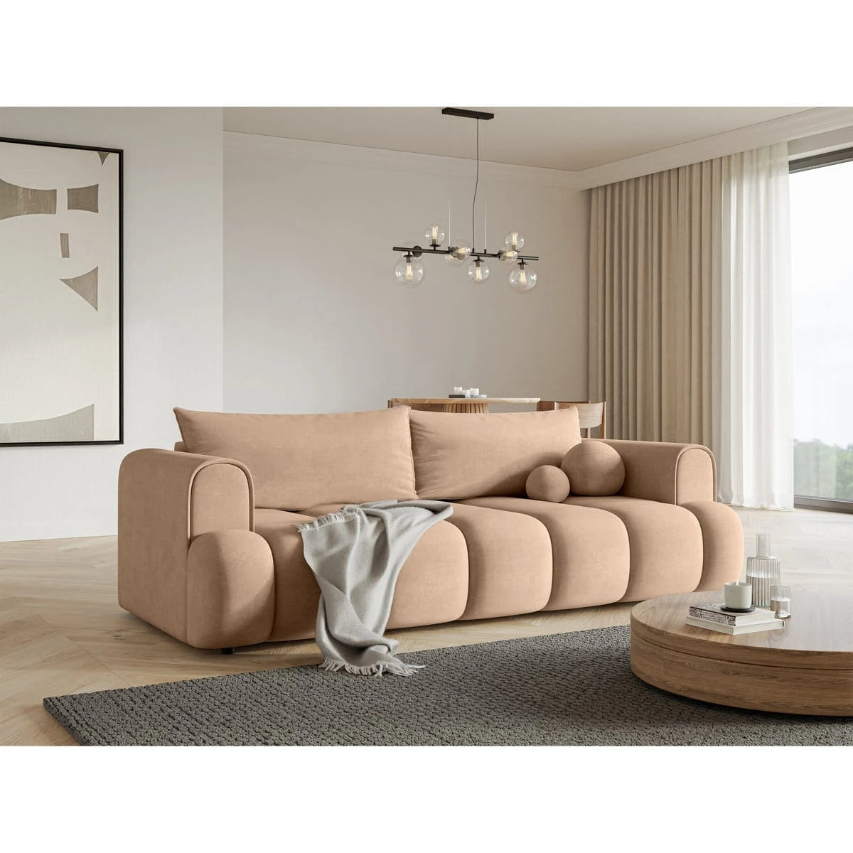 Angled room view showing the sofa's deep seat, soft back cushions, and rounded silhouette